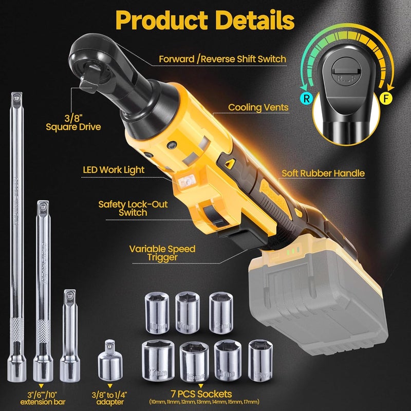 Mount Jasper 3/8" Brushless Ratchet Wrench Compatible with DeWalt 20V Max | 75 ft-lb Torque, 300 RPM | Variable Speed, Fwd/Rev, LED Light | Includes 1/4" Adapter & 3"/6"/10" Extensions | Tool Only - Image 3